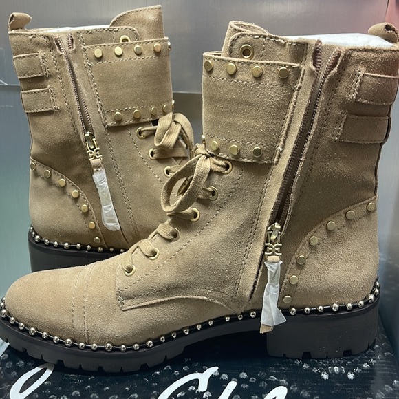 BNIB Sam Edelman Jennifer Studded Combat Suede Boots Tan 9M - Picture 9 of 13
